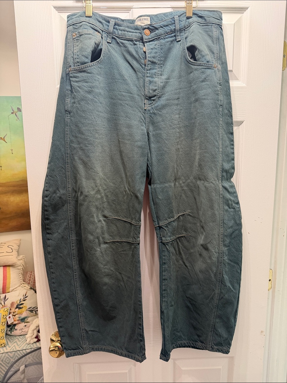 Free People Good Luck Barrel Jeans Size 31 Green - Picture 2 of 3